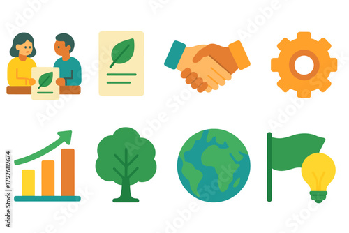 Eco-friendly flat icon set with sustainability, business, and nature symbols