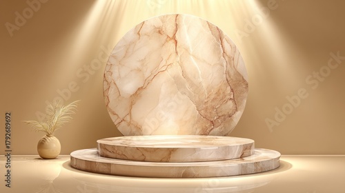 A beige marble podium with spotlighting, circular backdrop, and a neutral aesthetic.