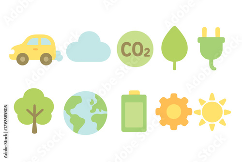 Eco-friendly flat icon set: sustainability, renewable energy, nature icons collection