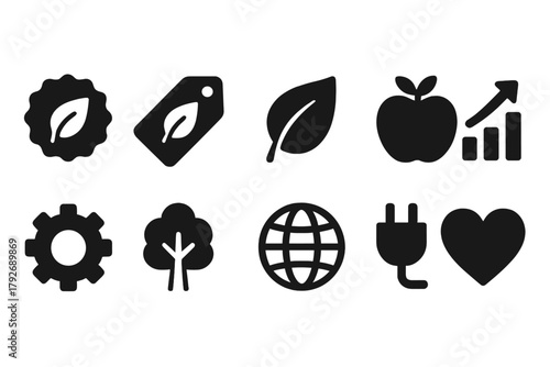 Eco-friendly solid icon set. Sustainability, nature, green technology icons collection