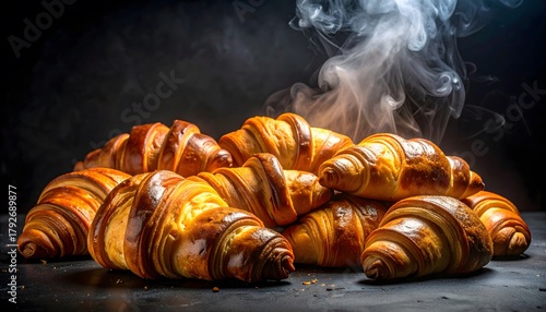 Delicious Golden Brown Croissants Piled High with Steam Rising