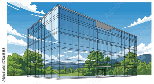 Illustration of a modern glass office building surrounded by lush green trees under a blue sky.