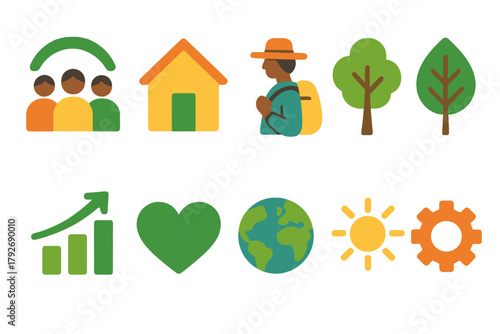 Eco-friendly travel flat icon set. Nature, adventure, sustainable icons collection