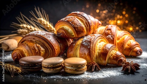 Artisan croissants and delightful macarons beautifully arranged with rustic wheat, symbolizing a perfect morning bakery experience or indulgent sweet treat