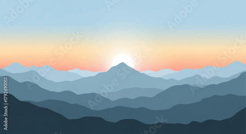 A serene digital illustration of layered blue mountains with the sun rising over the peaks against a clear sky.