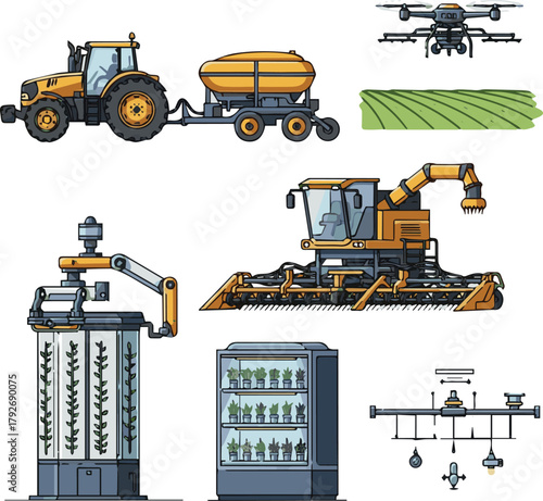 kinds of defferent of modern agriculture equipment vectot art with white background