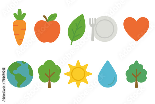 Healthy eating icon set. Food, nature outline icons for wellness and environment