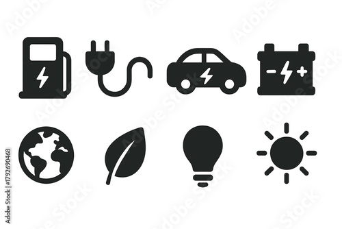Electric vehicle solid icon set. Eco, charging, battery, sustainable icons collection