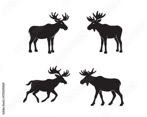 moose silhouette, moose vector, moose collection, moose set, moose head vector, standing moose, walking moose, majestic moose, antler silhouette, moose emblem, moose icon set
