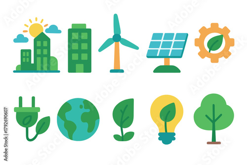 Eco-friendly, renewable energy flat icon set. Sustainability and green energy icons.