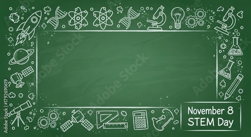 STEM Education Green Chalkboard Frame Science Icons Chalk Drawing Background