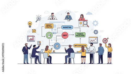 Business process diagram with people collaborating around a table