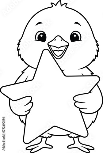Cute baby chick holding a star coloring page – adorable cartoon farm bird line art for kids and preschool coloring book