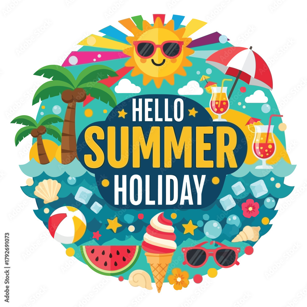 Fototapeta premium Vibrant summer holiday celebration with sunny beach elements, refreshing drinks, and tropical vibes perfect for vacation marketing