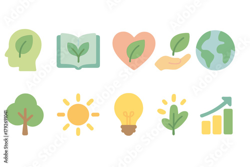 Eco-friendly icon set. Nature, sustainability, renewable energy flat icons collection