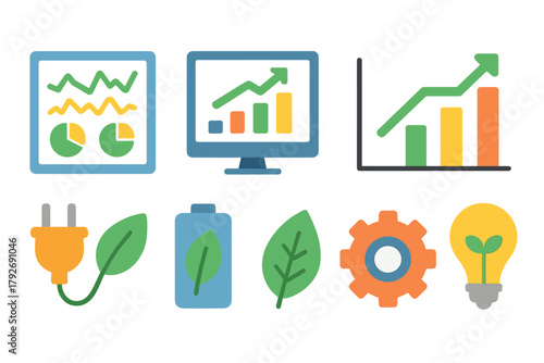Eco energy and data flat icon set. Environment, renewable resources flat design icons
