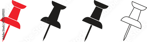 Push Pin Icon Set. Red, Black Solid, and Outline Drawing of Thumbtack or Map Pin Symbol