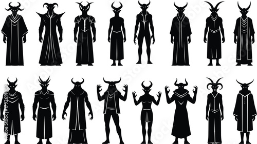 Horned silhouette character icons, fantasy figures, dark robes, mythology, demon design, costume concept, horror theme, black shapes, visual storytelling