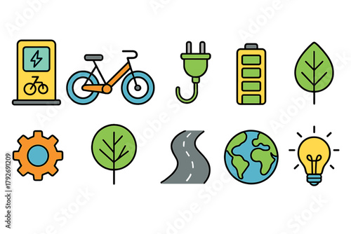 Eco-friendly transportation icon set in flat style: green energy, cycling, electric icons
