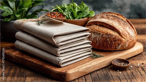 A stack of light beige linen napkins, ready for use, sits beside a rustic loaf of bread on a wooden cutting board.