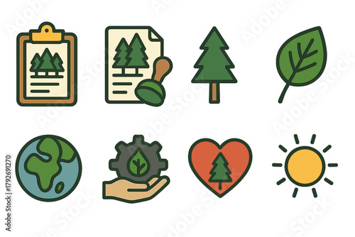 Environmental conservation flat icon set. Nature symbols and eco-friendly designs