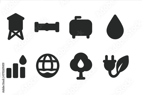 Energy and environment solid icon set: oil, gas, renewable, eco icons collection