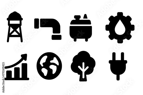 Industrial infrastructure solid icon set. Energy, utilities, growth icons collection