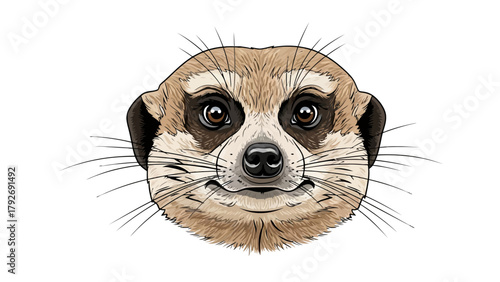 Closeup illustration of a meerkats head black outlines colored in browns and tans