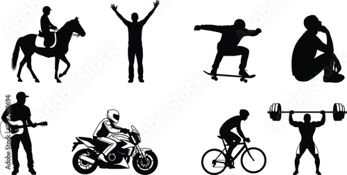 Human activity silhouette set, black vector icons, sports, music, leisure, horse riding, skateboarding, fitness, motorcycle, bicycle, guitar