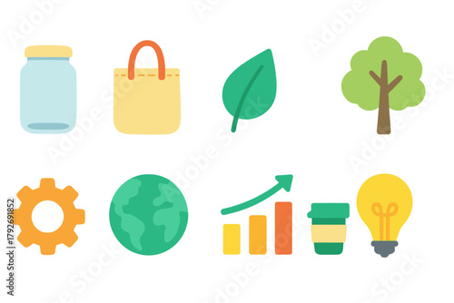 Sustainability, eco lifestyle flat icon set. Green, reusable icons for environmental themes