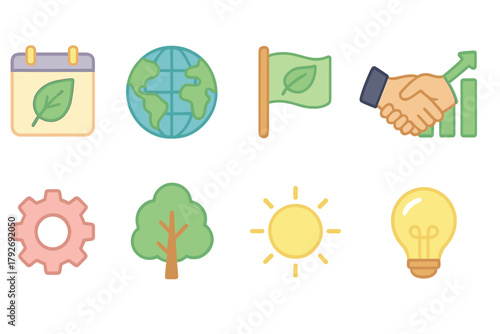 Eco-friendly, renewable energy flat icon set. Sustainability, nature, green icons collection