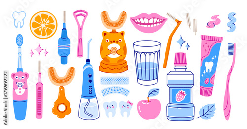Dental Hygiene Set. Toothpaste, mouthwash, toothbrush, dental floss, interdental brush and irrigator. Colorful trendy vector isolated illustrations.
