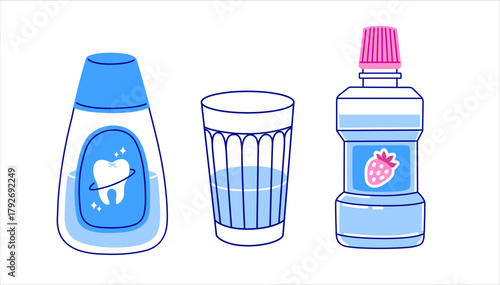 Mouthwash bottle and glass of water. Oral hygiene and fresh breath concept. Hand drawn isolated vector illustration.