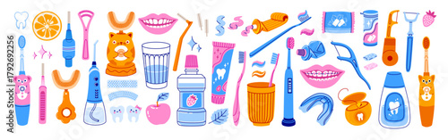 Oral care set. Various toothbrushes, toothpaste, dental floss, mouthwash. Oral hygiene, dental care concept. Hand-drawn vector isolated illustrations.