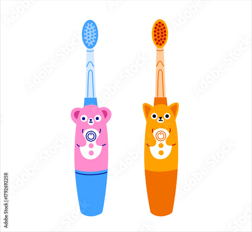 Kids electric toothbrush. Cute animals character design. Innovative oral care concept for children playful dental hygiene. Vector isolated illustration.
