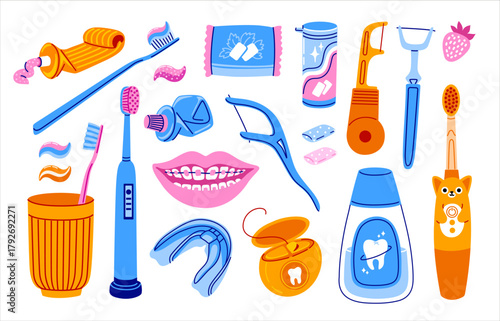 Oral Care Set. Daily Teeth Cleaning Collection. Toothbrushes, toothpaste, dental floss, mouthwasher, gum. Hand-drawn trendy colorful isolated vector illustration.
