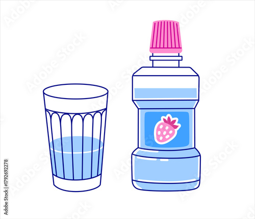 Strawberry mouthwash bottle and glass of water. Oral hygiene and fresh breath concept. Hand drawn isolated vector illustration.