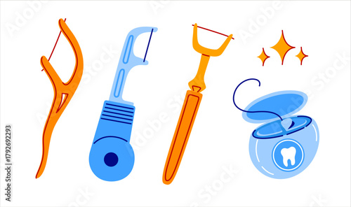 Different dental floss types set. Oral hygiene and interdental cleaning concept. Hand drawn vector isolated illustration.