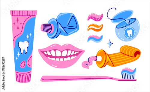 Toothpaste, toothbrush, dental floss and smiling teeth. Trendy colorful hand drawn set. Oral hygiene, morning routine. Vector isolared illustration.