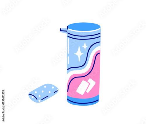 Chewing gum in a plastic container. Hand-drawn vector isolated illustration.