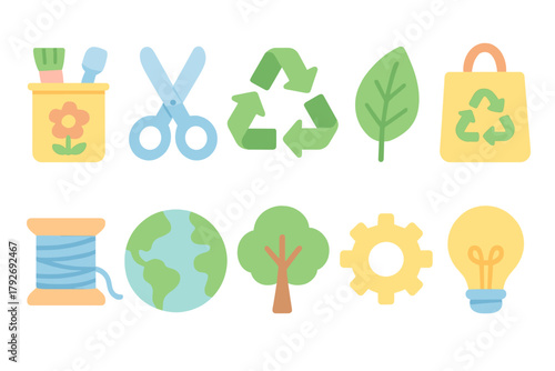 Eco-friendly tools icon set. Sustainability, green lifestyle icons in flat style