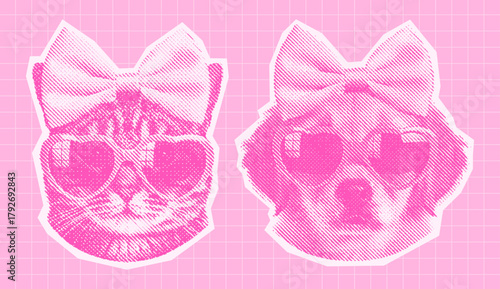 pink cat and dog wearing heart-shaped sunglasses and cute bows, retro halftone collage illustration