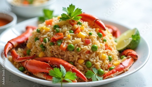 Fototapeta Naklejka Na Ścianę i Meble -  Crab fried rice on plate. Seafood dish with herbs and vegetables. Asian cuisine meal closeup. Delicious gourmet food, gastronomic delight with lime. Restaurant culinary art serving, recipe.