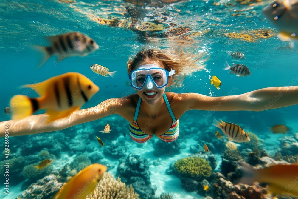 Naklejka premium Bright commercial style image. A lovely and sexy happy young woman with medium hair in a swimming mask and fins snorkeling among the corals. Many tropical fish swim next to her.