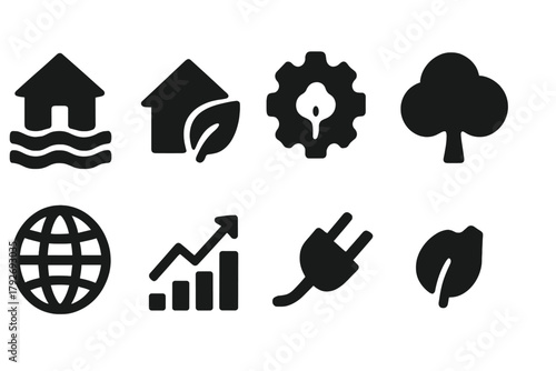 Eco-friendly solid icon set. Sustainability, environment, renewable energy icon collection