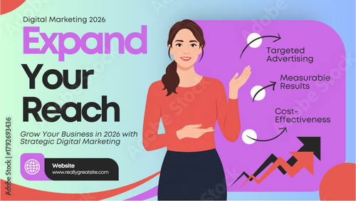 Digital marketing strategy to expand business reach in 2026, featuring a woman and growth charts.