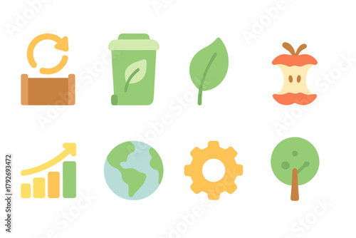 Recycling and sustainability flat icon set. Eco-friendly, green energy, environment icons.