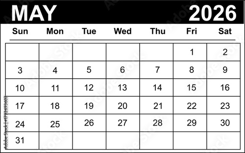 May 2026 monthly calendar in vector format, clean editable layout
