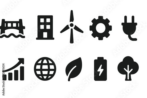 Sustainability, renewable energy solid icon set. Eco-friendly, urban living icons set
