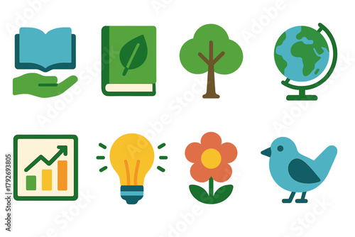 Eco-friendly, nature flat icon set. Sustainability, environmental awareness graphics.